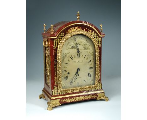 Thomas Hunter, London, an 18th century red lacquer and gilt chinoiserie bracket clock, the arched case with five finials abov