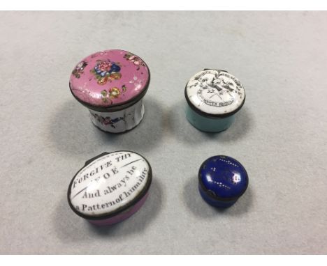 Four South Staffordshire enamel boxes, one with fluted sides and painted with flowers, the other three inscribed with mottos 