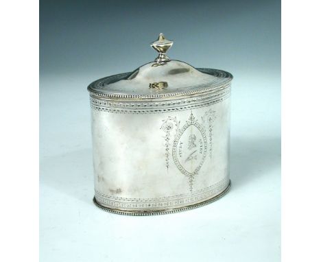 A George III silver tea caddy, by John Denzilow, London 1786, oval with bright cut design within beaded edges, hinged cover w