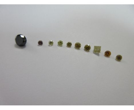 A brown-black diamond weighing approximately 1.13cts together with a group of nine smaller fancy coloured yellow diamonds, th