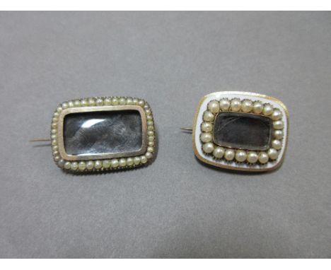 A Regency memorial brooch with hairwork and seed pearls, and another similar, both of rectangular cushion shaped form with ce