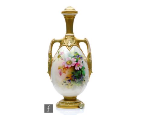 An early 20th Century Royal Worcester shape 2194 twin handled vase and cover panel decorated by Cole with hand painted spring