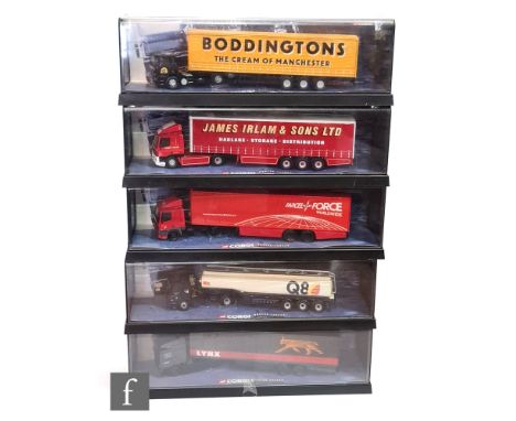 Five Corgi Modern Trucks 1:50 scale diecast models, 75401 James Irlam &amp; Sons Leyland-DAF Curtainside, 75202 Boddingtons E