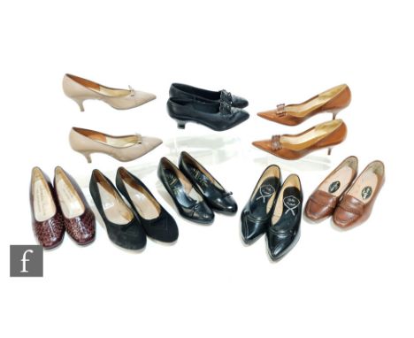 Eight pairs of 1950s ladies shoes, comprising Globe Trotter black leather flats with button trim, Devonshire by Norvic black 