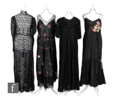 Four 1930s ladies vintage dresses, the first in black lace over a black chiffon underdress, approximate size 12, a full lengt