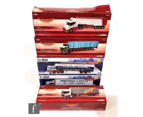 Five Corgi Hauliers of Renown 1:50 scale diecast models, comprising CC13811 D Curran &amp; Sons Mercedes-Benz Actros Step Fra