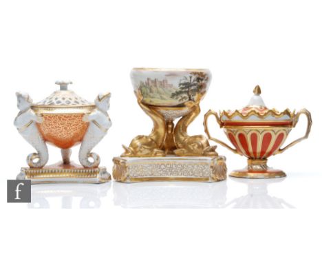 A 19th Century Chamberlain pedestal bowl decorated in the round with a landscape, raised to three fish supports until a shape