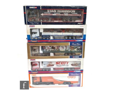 Five Corgi 1:50 scale diecast models, 75701 TNT MAN Box Trailer, CC13705 Scott Trawlers Scania R Series Topline Fridge Traile