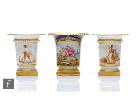 Three 19th Century miniature Flight Barr &amp; Barr Worcester vases, the first decorated with a hand painted floral cartouche