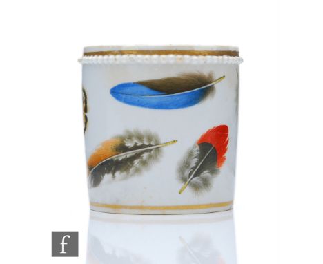 A 19th Century Chamberlain Worcester drum shaped inkwell decorated with hand painted feathers against a white ground with a g