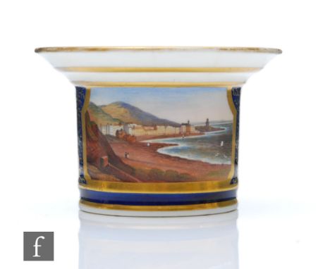 A 19th Century Doe and Rogers Worcester drum shaped inkwell decorated with a scene of Aberystwyth against a royal blue ground