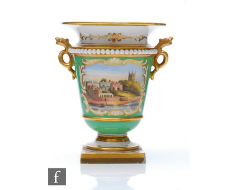 A 19th Century Flight Barr &amp; Barr twin handled vase decorated with a view of Worcester against a green ground with curled