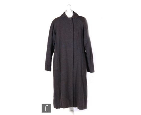 A late 1940s early 1950s ladies coat in blue tweed with Peter Pan collar and three button fastening to the neck, approximate 