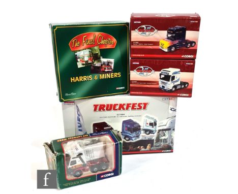 A collection of Corgi 1:50 scale diecast models, CC15004 JS Cook &amp; Sons Iveco Stralis Set of 3 Cabs, Truckfest CC13238 Ti