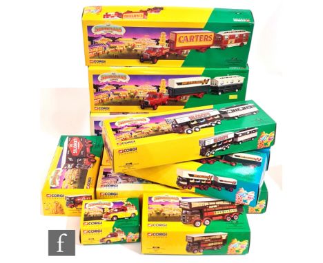 A collection of Corgi Showmans Range diecast models, comprising 27602, 21701, 16502, 09901, 15901, 24801, 12601, 24401, 16501