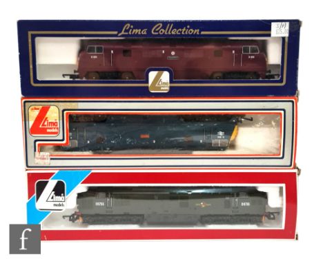 Three OO gauge Lima diesel locomotives, L204669 Class 42 BR 'Champion', 205173 Class 37 BR D6755, and another Class 42 BR 'Dr