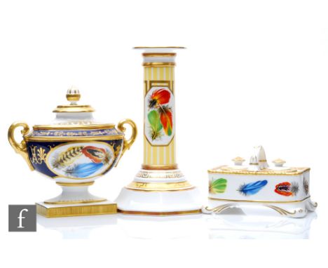 Three pieces of later 20th Century Royal Worcester from the Heritage Collection comprising a candlestick, twin inkwell and a 