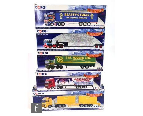 Five Corgi Hauliers of Renown 1:50 scale diecast models, CC13826 Montgomery Transport Mercedes Actros Fridge Trailer, CC14037