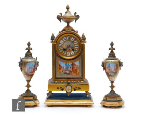 A late 19th Century French clock garniture, with painted porcelain panels depicting canal scenes, with eight day striking mov