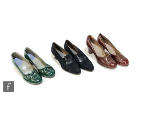 Two pairs of larger sized 1940s ladies shoes comprising a pair of CC41 Utility ‘White Heather’ shoes in black suede with a de