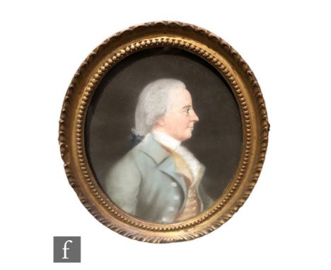 ENGLISH SCHOOL (LATE 18TH CENTURY) - Profile portrait of a gentleman wearing a stock and grey coat, pastel drawing, oval, fra