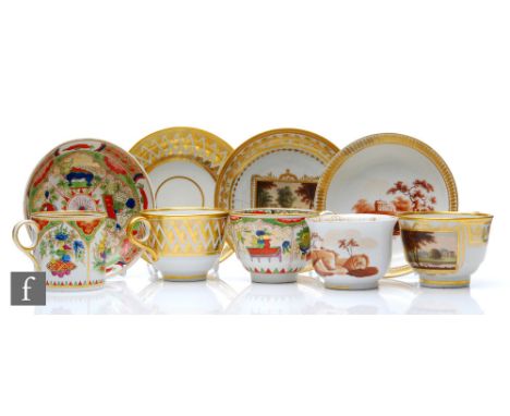 Four 19th Century teacups and saucers comprising a Barr Worcester Dragons in Compartments pattern cup and saucer, a Flight &a