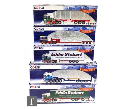 Five Corgi Hauliers of Renown 1:50 scale diecast models, CC13745 Eddie Stobart Rail Scania R Nooteboom Step Frame Trailer, CC