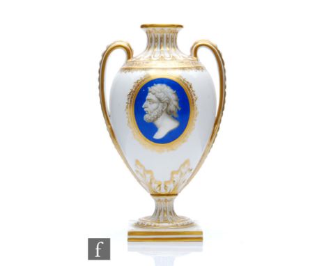 A 19th Century twin handled vase decorated with a cartouche portrait of a classical male in profile, possibly the Roman emper