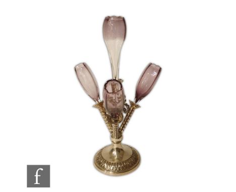 A late 19th century table centre epergne with silver plated base mounted with four graduated amethyst tulip form posy vases, 