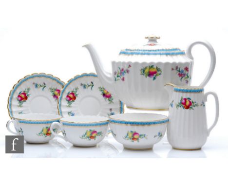 A Spode Trapnell Sprays pattern tea for two comprising teapot, milk jug, sugar bowl and two cups and saucers all decorated wi