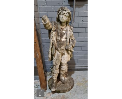 A 19th Century carved white marble garden figure of a young farm hand wearing a cloak with bag and raised arm, height 105cm, 