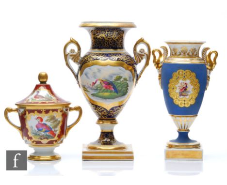Three 19th Century vases of varying form comprising a pedestal vase decorated with a cartouche panel of stylised bird against
