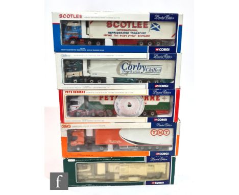 Five Corgi 1:50 scale diecast models, CC12420 Scotlee Transport Volvo FH Globetrotter Fridge Trailer, CC12216 Corby Chilled D