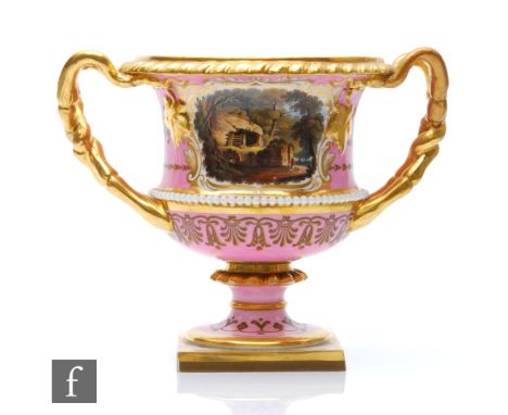 A 19th Century Flight Barr and Barr, Royal Porcelain Works Worcester twin handled urn decorated with a view of&nbsp;Warkworth