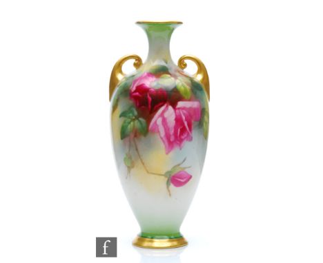 An early 20th Century Royal Worcester shape H287 vase decorated with crimson and pink roses, green printed mark with date cod