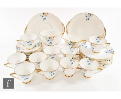 A set of six Royal Doulton Art Deco pattern H4348 trios, comprising ten teacups, ten saucers and ten side plates, together wi
