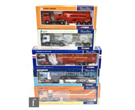 Five Corgi 1:50 scale diecast models, CC12009 Lafarge Zement MAN Feldbinder Tanker, CC12424 LE Jones Volvo FH Globetrotter wi