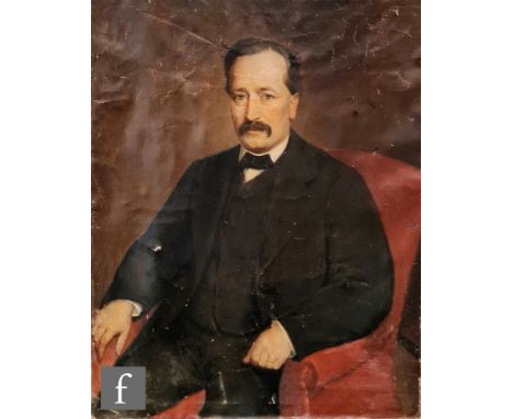 FRENCH SCHOOL (EARLY 20TH CENTURY) - Portrait of a gentleman in a black suit, three quarter length seated, unframed, 92cm x 7