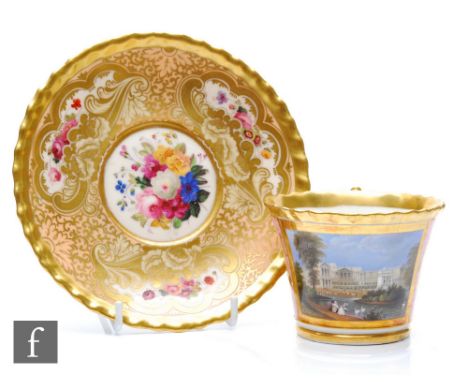 A 19th Century Chamberlains Worcester cabinet cup and saucer, the cup decorated with a cartouche panel of Buckingham Palace w