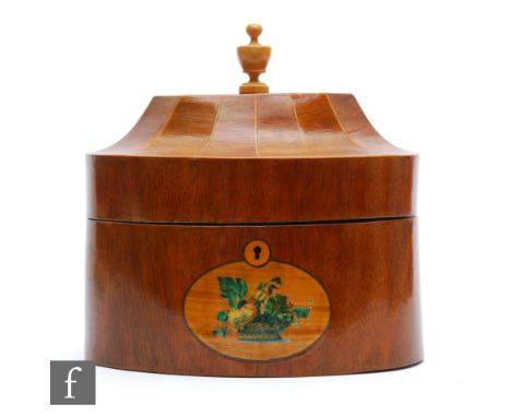A 20th Century Sheraton style mahogany and satinwood wood tea caddy, the shaped top mounted with an urn finial over transfer 