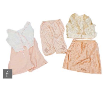 Five assorted ladies lingerie garments, to include a pair of 1920s Courtauld's bloomers in pink with floral soutache motifs, 