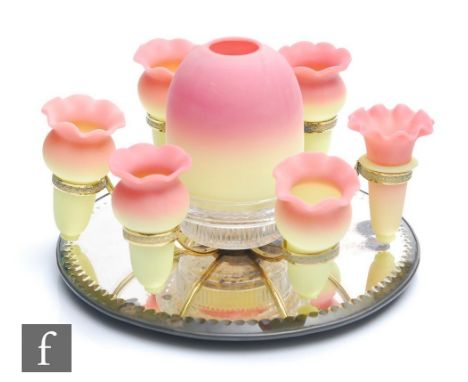 A 19th Century composed Fairy Night light epergne, the central Fairy Night light with a Queens Burmese dome on a Clarkes Pate
