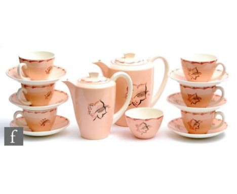 A post war Poole Pottery FN pattern coffee set comprising coffee pot, lidded milk jug, sugar bowl and six cups and saucers ea