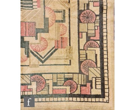 An Art Deco table cloth or throw over geometric fruit design on a pale ground, 160cm x 140cm. 