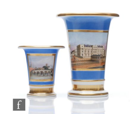 Two 19th Century Doe &amp; Rogers Worcester trumpet vases, the first decorated with a scene titled The St Leonards Hotel Libr