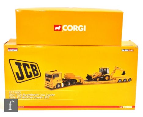 Two Corgi JCB 1:50 scale diecast models, CC13425 MAN TGA Nooteboom Low Loader with JCB Backhoe Loader 3CX, and CC13237 DAF XF