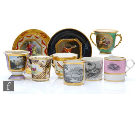 A collection of assorted 19th Century coffee cups, teacups and saucers to include a Barr Worcester saucer decorated with shel