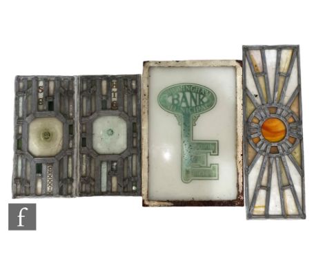 A pictorial illuminated window sign in the form of a key for ‘Birmingham Municiple Bank, Security with Interest’, framed 28cm