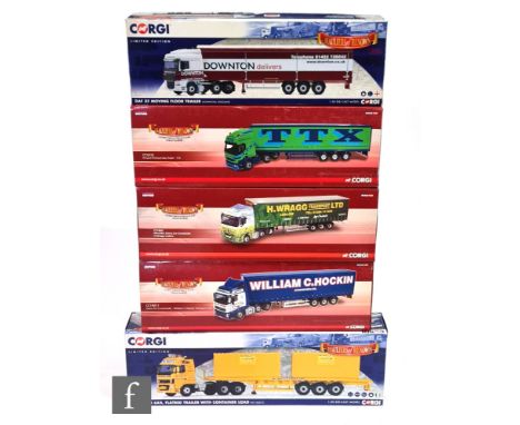 Five Corgi Hauliers of Renown 1:50 scale diecast models,&nbsp;CC14116 Downton DAF XF Moving Floor Trailer, CC14037 McNally's 