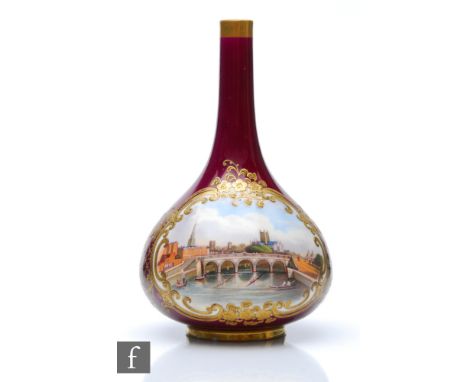 A 19th Century Chamberlain bud vase decorated with a handpainted view of Worcester against a burgundy ground with a gilt fram